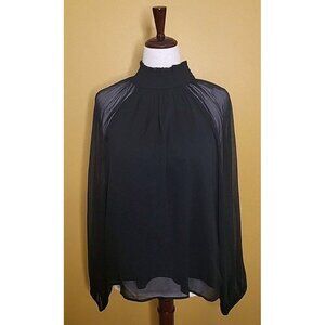 Joie Women's Large Long‎ Sleeve Smocked Blouse Sheer Long Sleeves Black NWOT